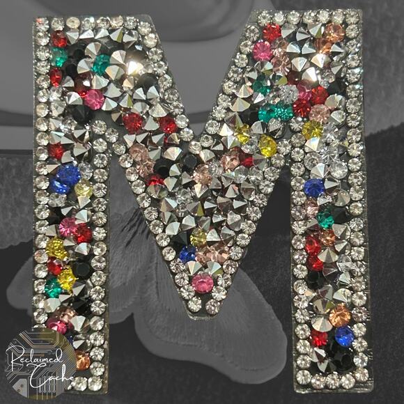 Letter M Multicolor Rhinestone Iron On Patch - Picture 1 of 2